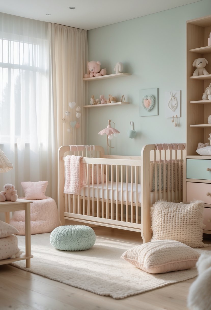 A nursery room with light wood furniture and soft pastel decorations creating a calm and cozy space.
