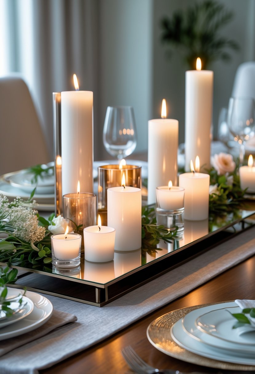 Mirror tray with assorted votive candles arranged on a dining table in a softly lit dining room.