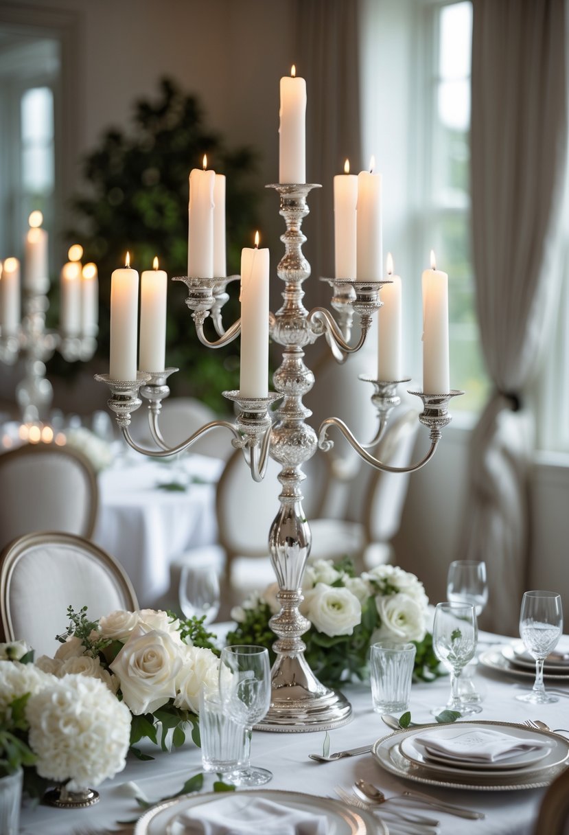 A silver candelabra with lit candles on a dining table set with plates, glasses, and floral arrangements.