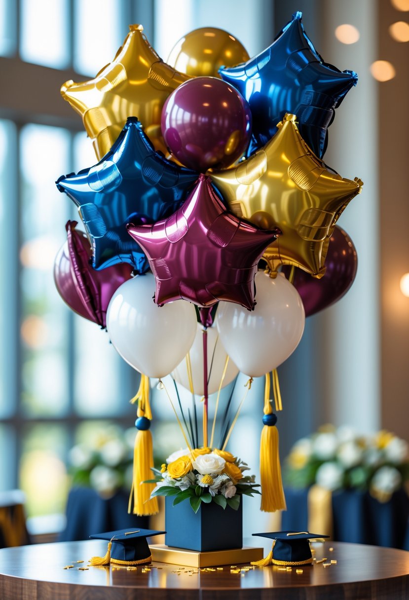 A colorful balloon bouquet in school colors arranged as a graduation centerpiece on a table with subtle graduation decorations.
