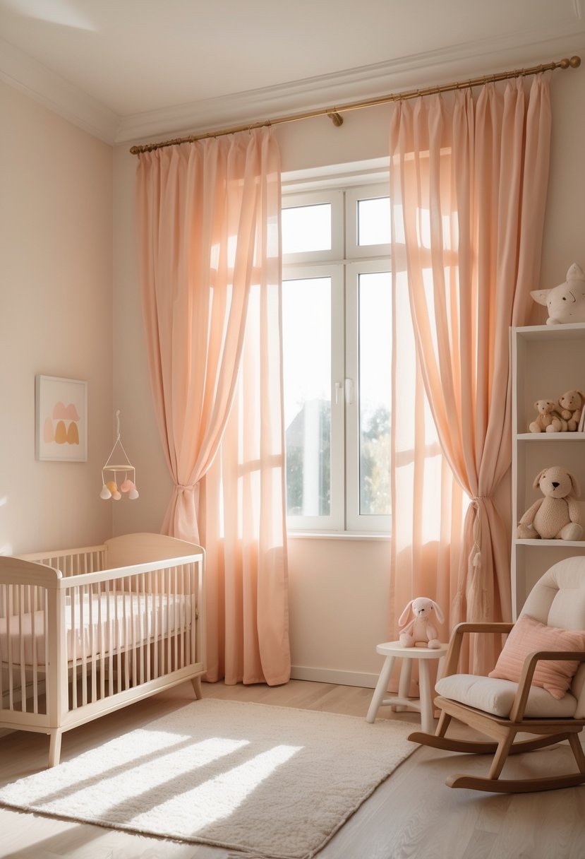 A softly lit nursery with pastel peach curtains filtering sunlight over a cozy crib and gentle pastel-colored decor.