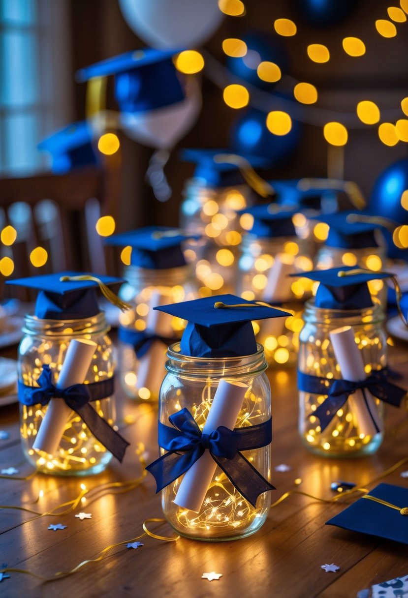 A table with glowing LED lighted mason jars decorated for a graduation celebration, surrounded by festive decorations.