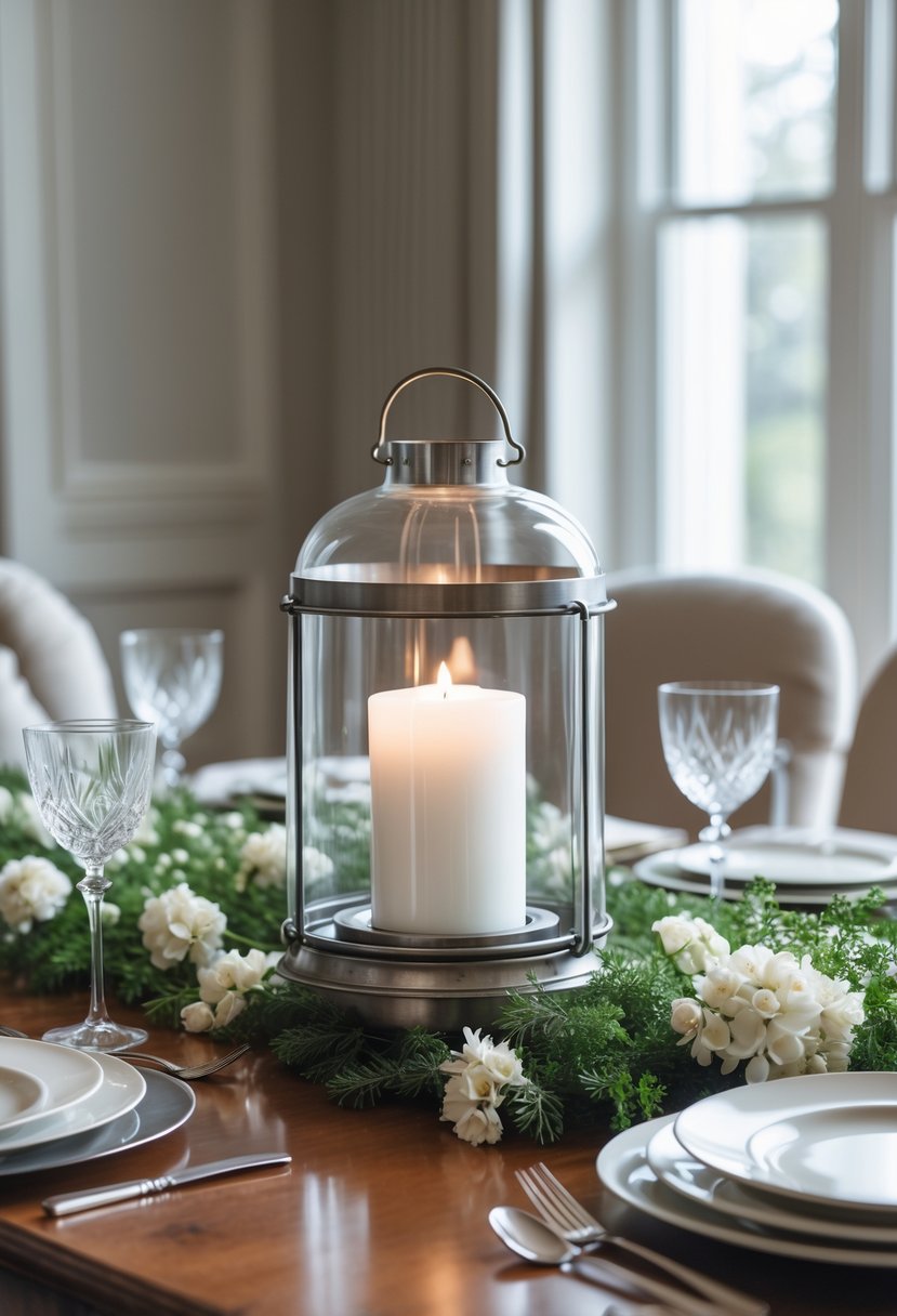 A clear glass hurricane lantern with a white pillar candle sits on a wooden dining table surrounded by greenery and tableware in a softly lit dining room.