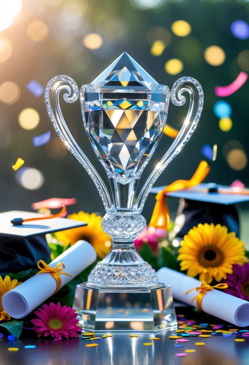 A crystal trophy displayed as a centerpiece surrounded by graduation decorations including small caps, diplomas, confetti, and flowers.