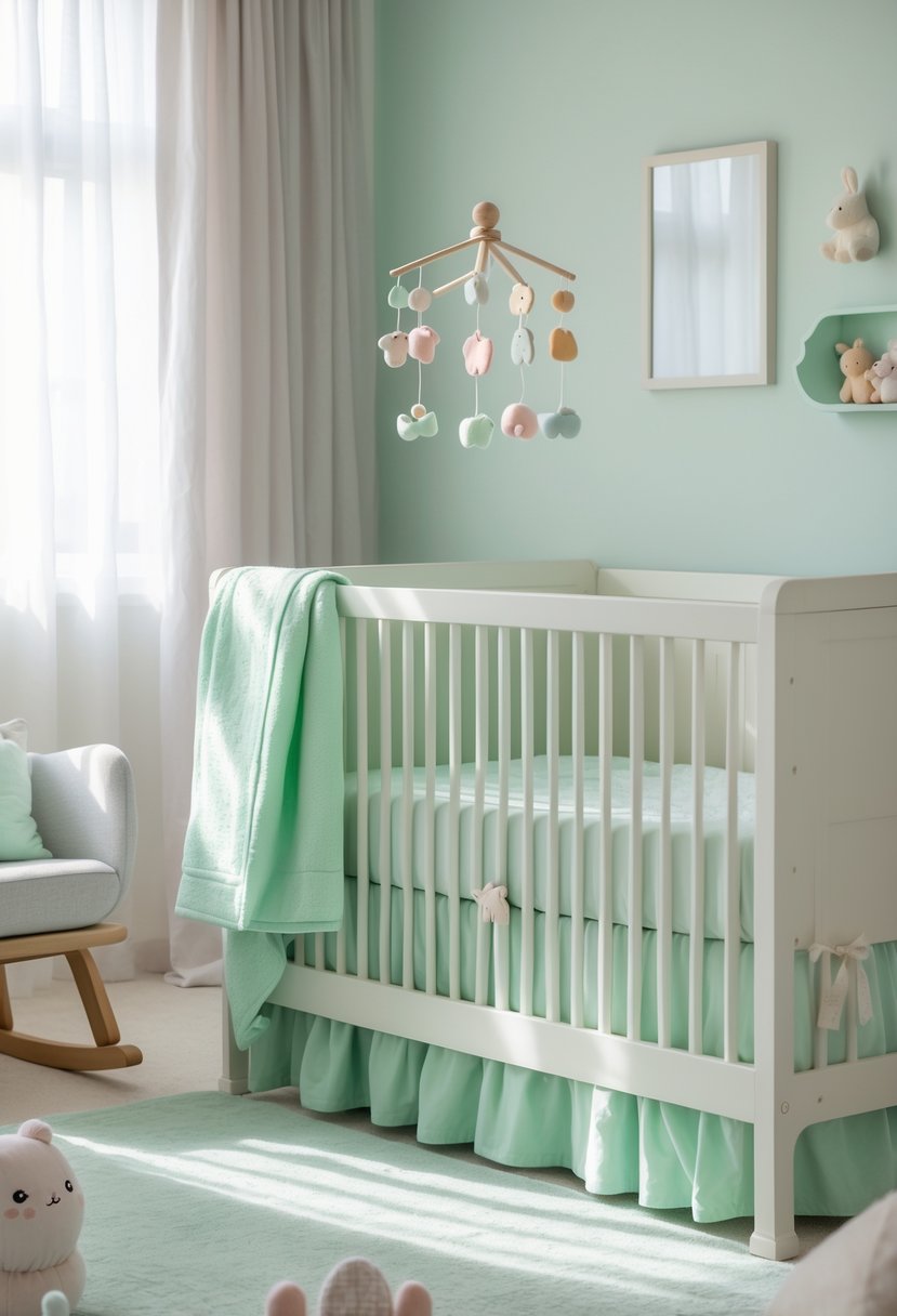 A nursery with a mint green crib bedding set surrounded by pastel decorations and soft natural light.