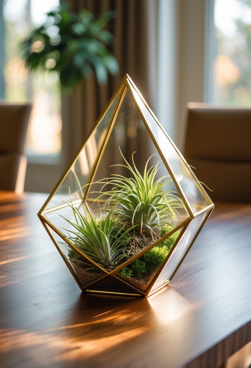 Gold geometric terrarium with green air plants on a wooden dining table in a softly lit dining room.