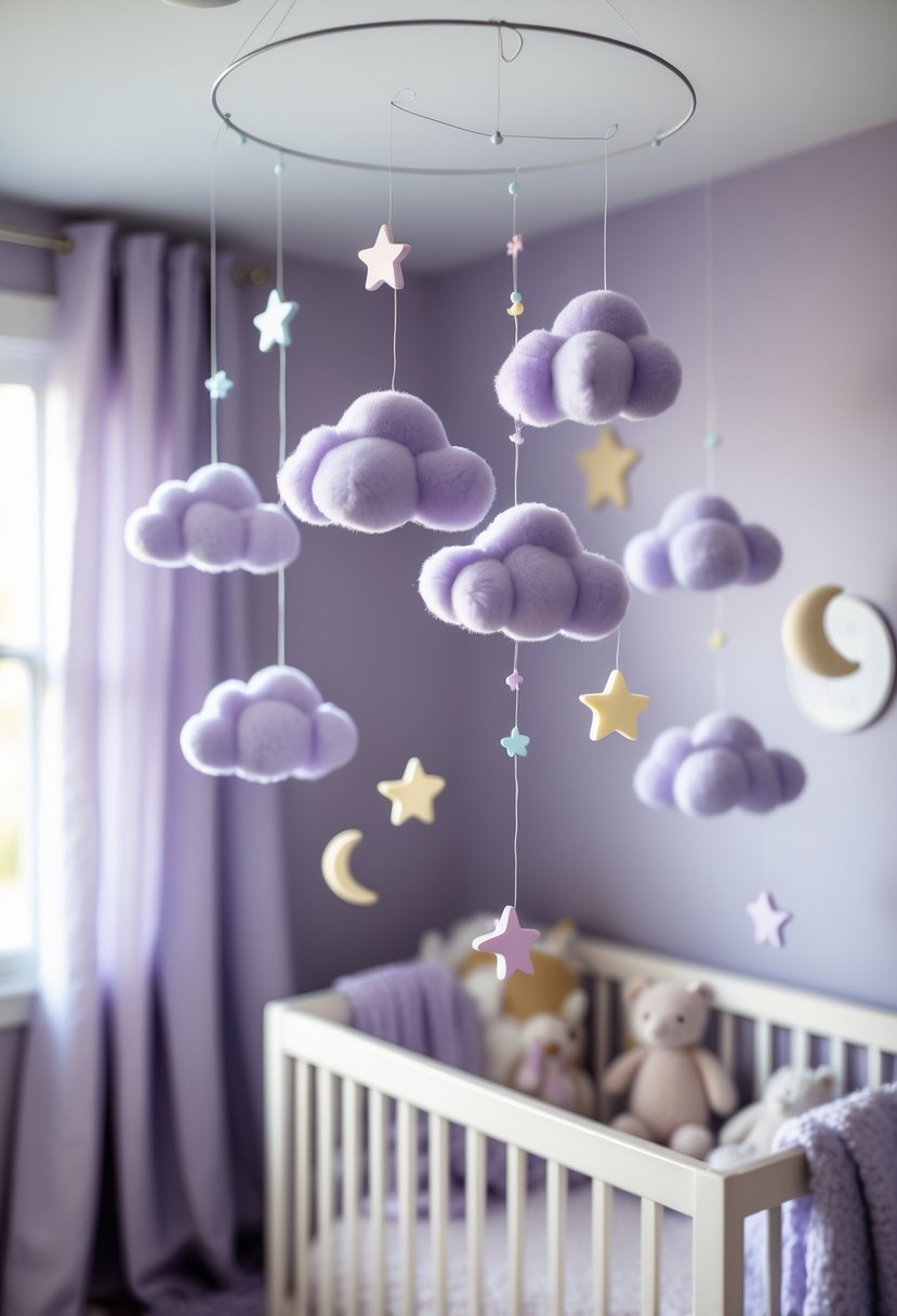 A nursery room with soft lavender cloud mobiles hanging from the ceiling above a cozy crib surrounded by pastel-colored toys and blankets.