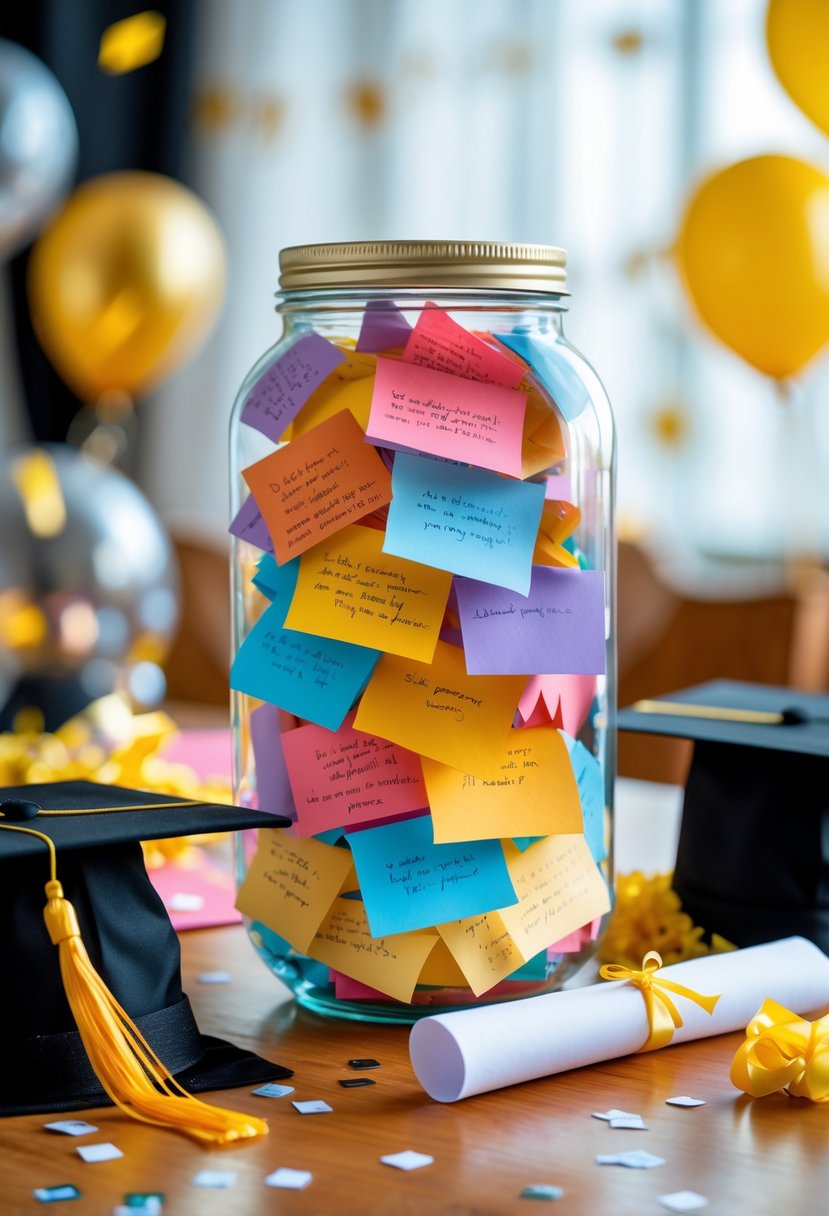 A glass jar filled with colorful folded notes on a table surrounded by graduation decorations including a mortarboard cap and diploma.