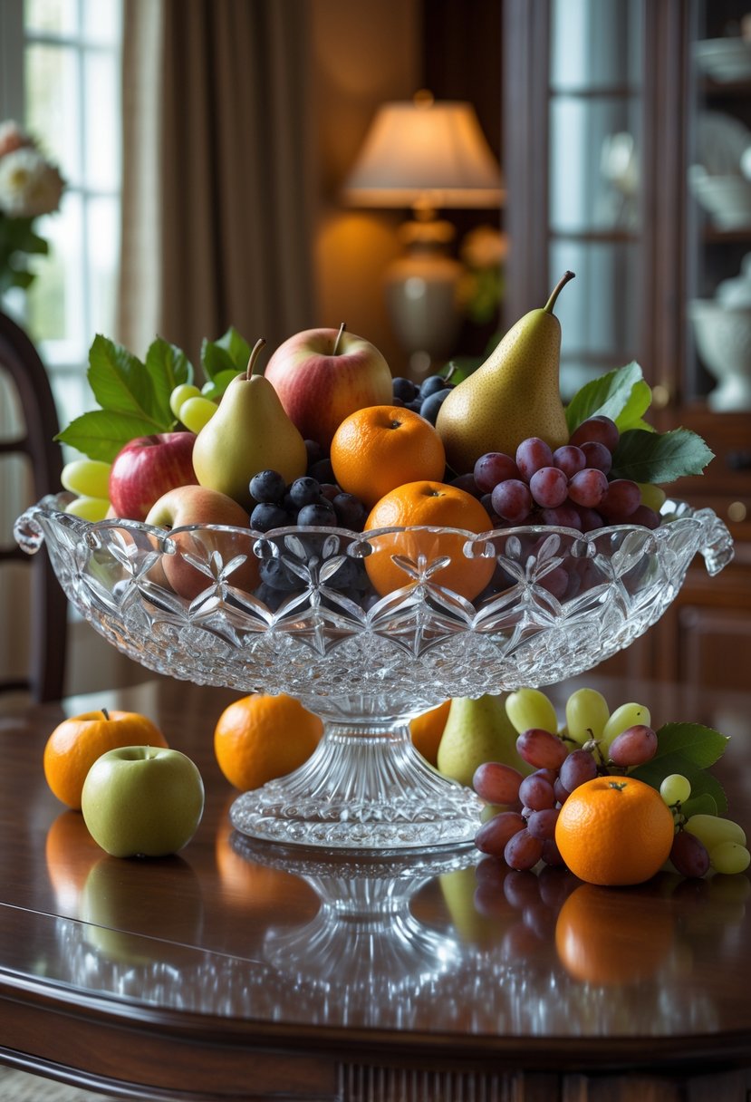 A vintage crystal bowl filled with various seasonal fruits on a dining room table.