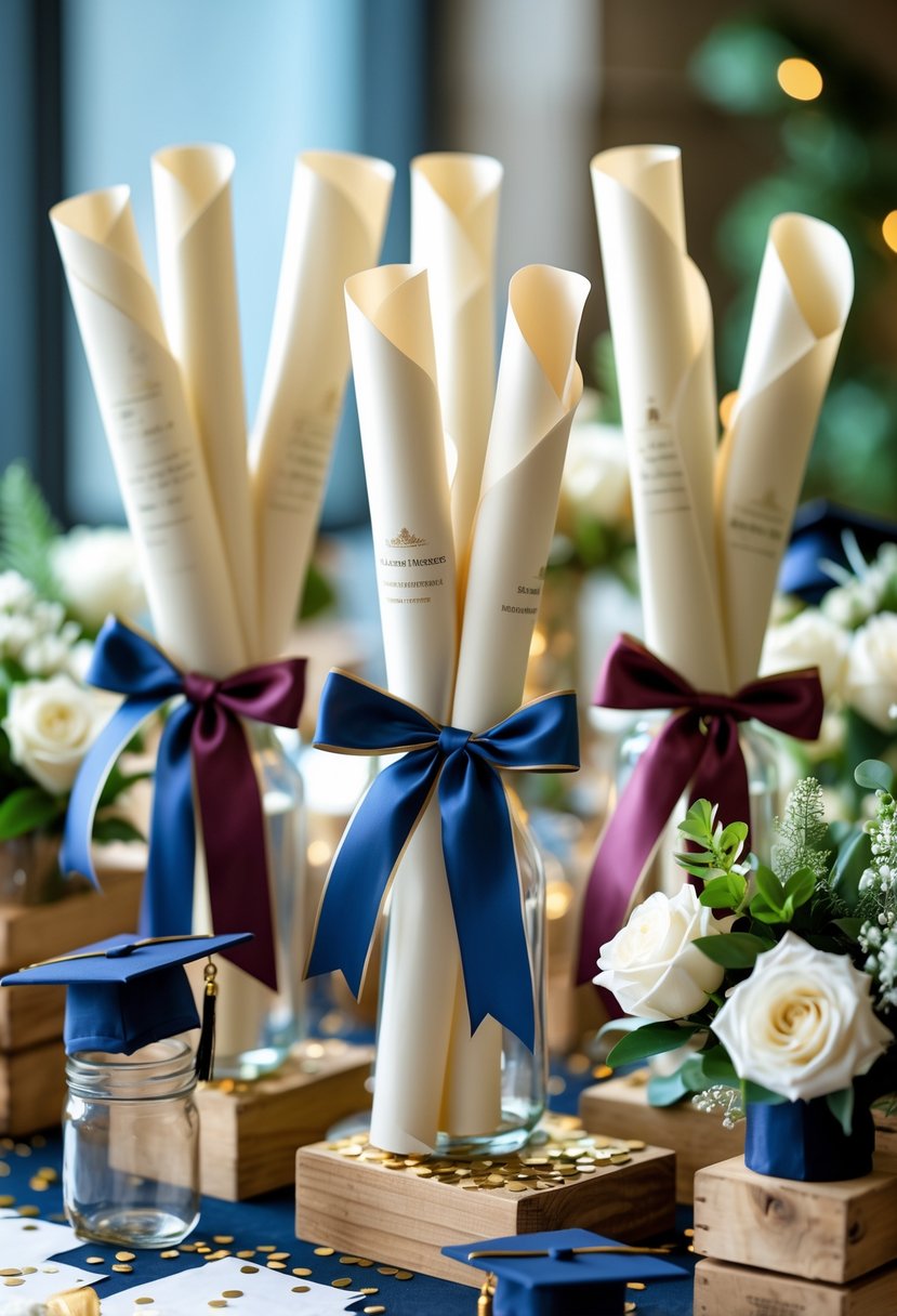 A table displaying multiple rolled diploma scrolls tied with colorful ribbons arranged as graduation centerpieces with flowers and small decorative items.