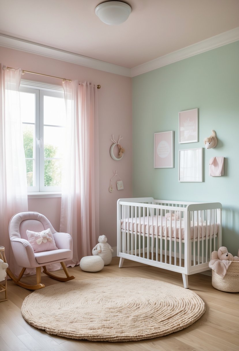 A calm nursery room with a beige rug, white crib, pastel-colored walls, and soft natural light.