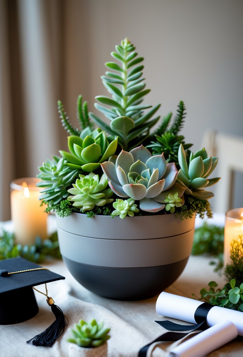 A succulent planter centerpiece surrounded by graduation decorations including a mortarboard and diploma on a table.