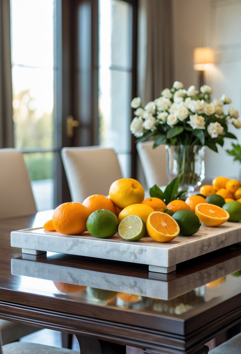 A marble and wood tray filled with fresh citrus fruits on a dining room table.
