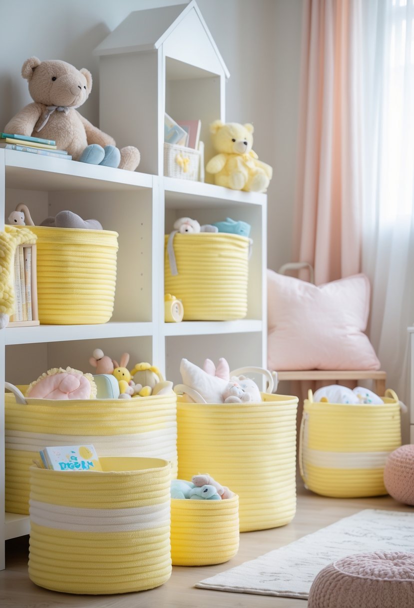 Neatly arranged pastel yellow storage baskets filled with baby items in a calm nursery room.