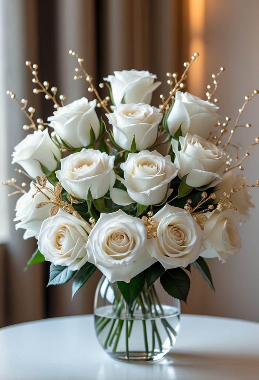 A bouquet of white roses with gold accents arranged in a glass vase on a table.