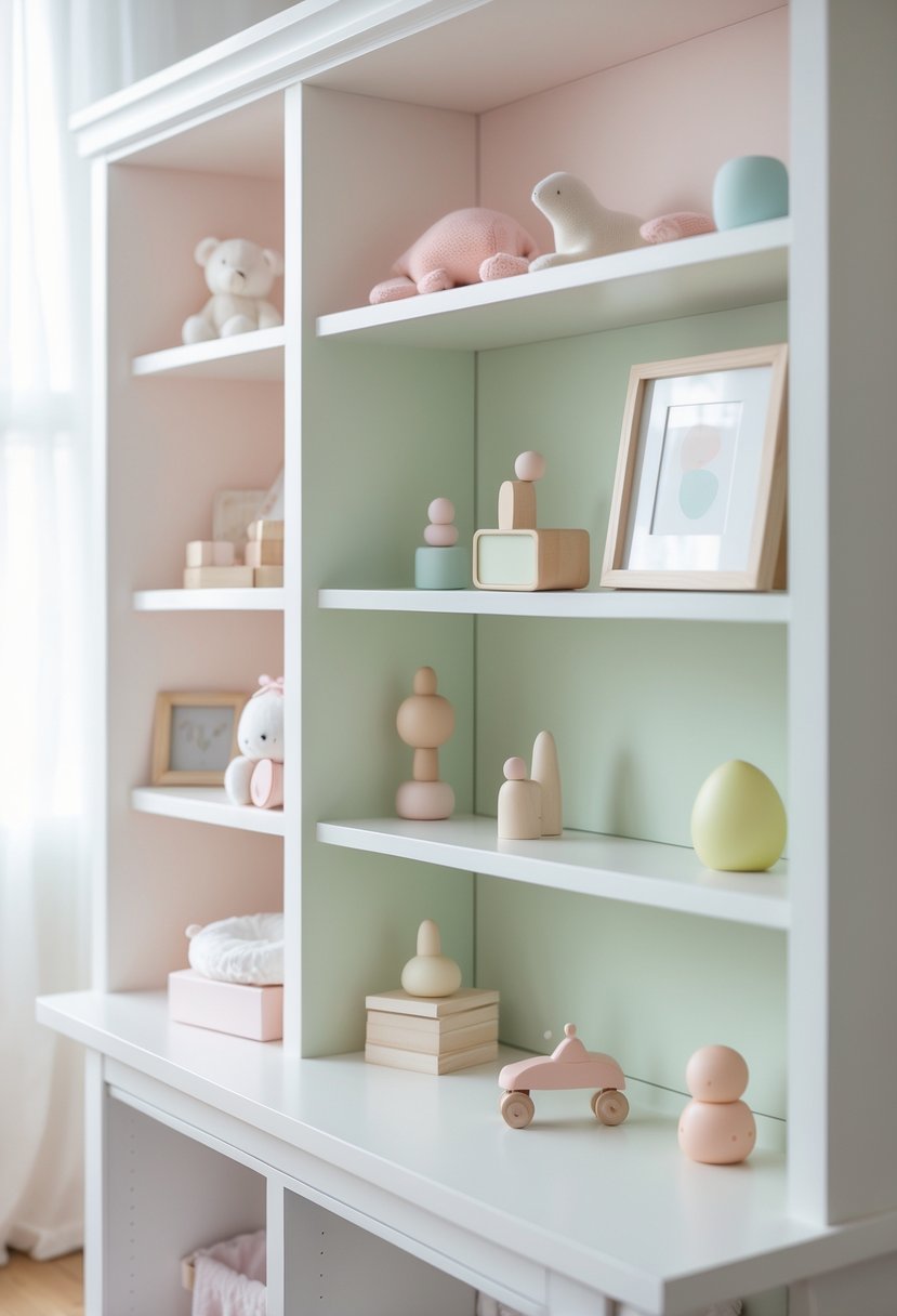 White shelving unit with pastel-colored nursery decorations including toys and art in a softly lit room.
