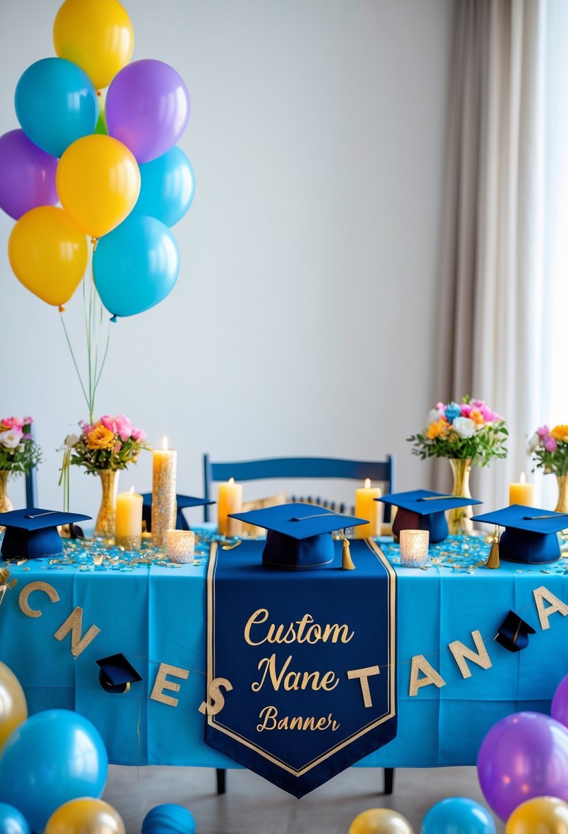 A decorated table with a custom name banner table runner and various graduation-themed centerpieces including balloons, graduation caps, flowers, and candles.