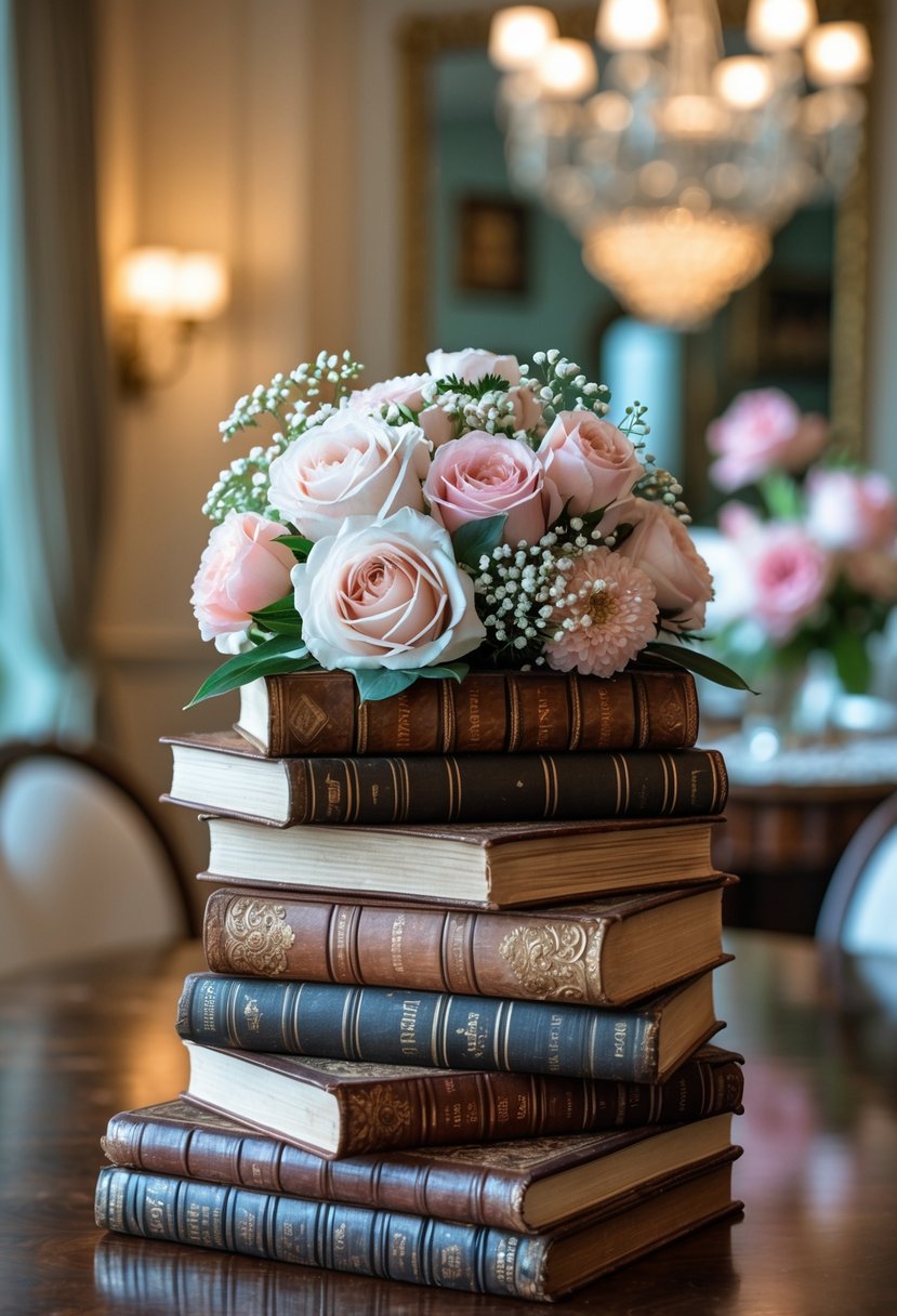 A stack of antique books topped with a small bouquet of pastel flowers on an elegant dining room table.