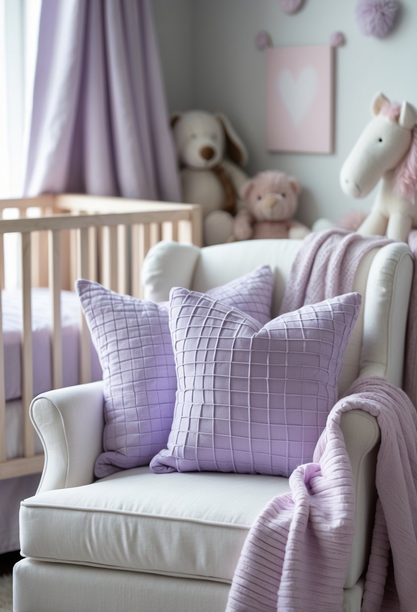 A cozy nursery corner with soft lilac throw pillows on a chair surrounded by pastel nursery decor including a crib, blankets, and plush toys.