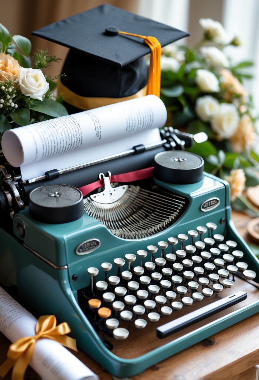 A vintage typewriter on a wooden table surrounded by a graduation cap, diploma, and flowers.