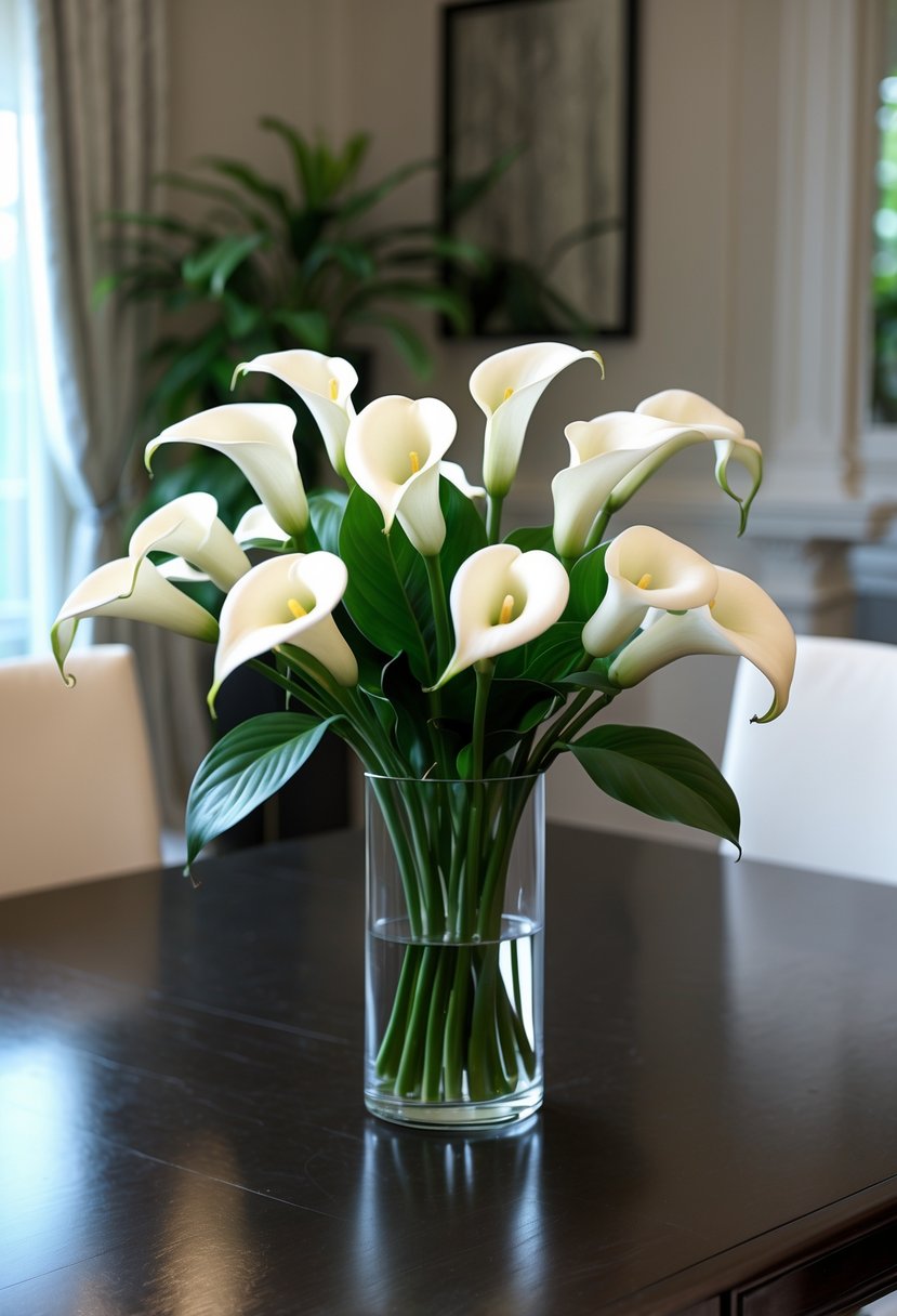 A low-profile arrangement of white calla lilies in a clear glass vase on a dark wooden dining table in a dining room.