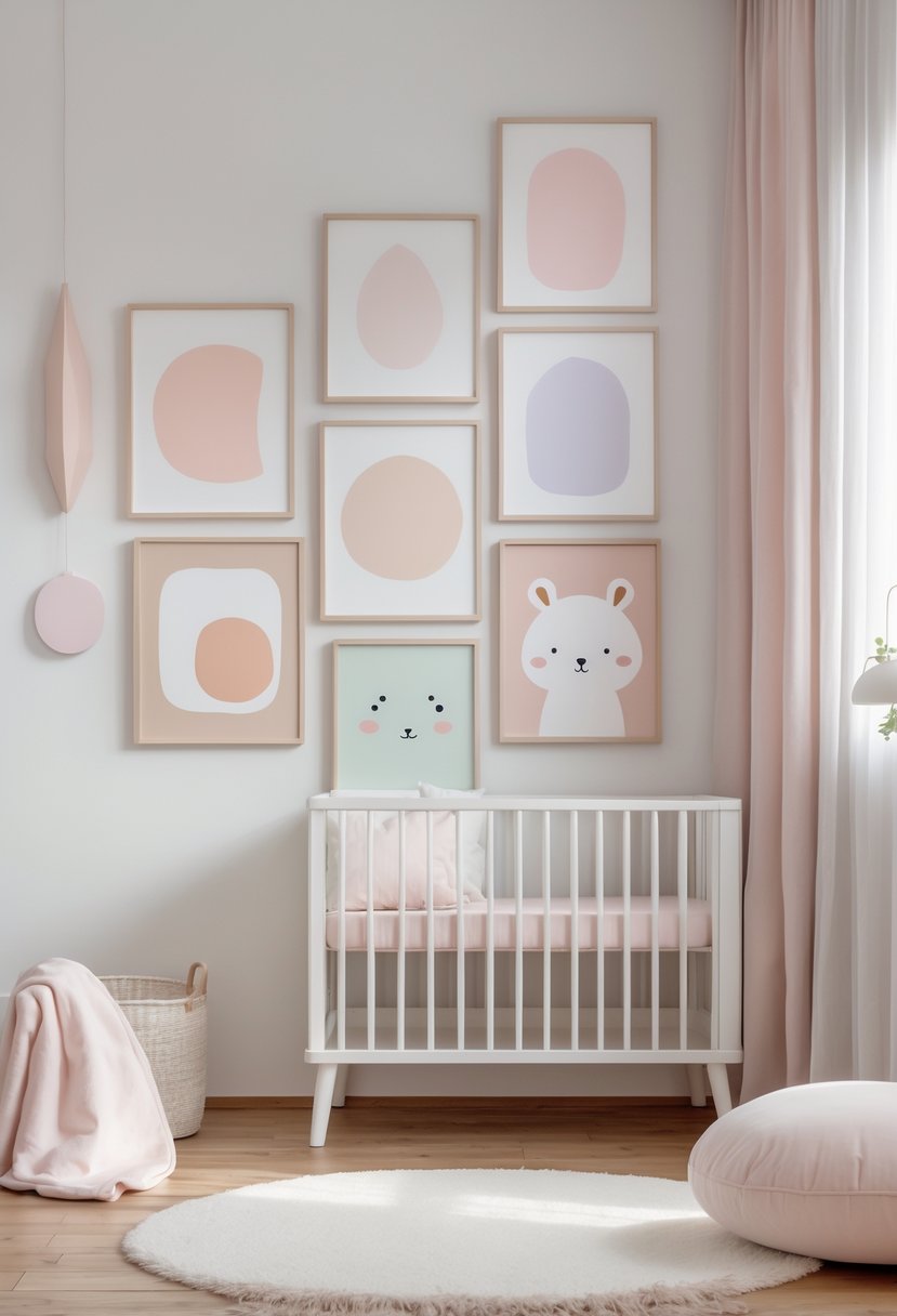 A calm nursery room with pastel-colored art prints on white walls, a white crib, and soft natural lighting.