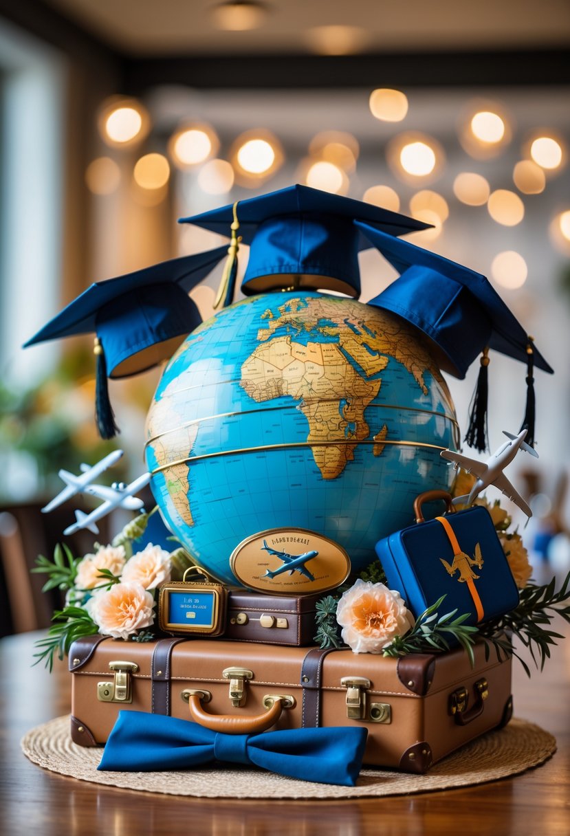 A graduation centerpiece with a globe surrounded by travel-themed decorations, miniature airplanes, and graduation caps on a wooden table.