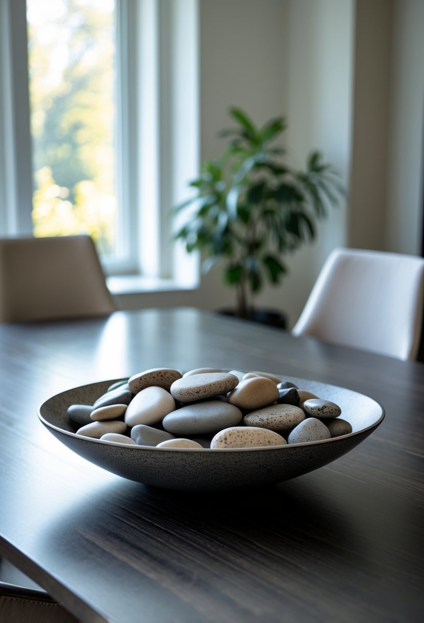 Decorative bowl filled with polished river stones on a dining room table with chairs and plants in the background.