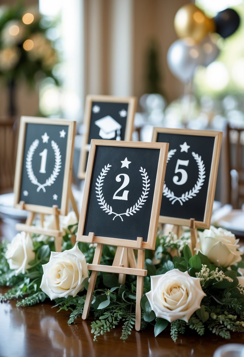 A graduation centerpiece with chalkboard table numbers on easels surrounded by flowers on a wooden table at a celebration.
