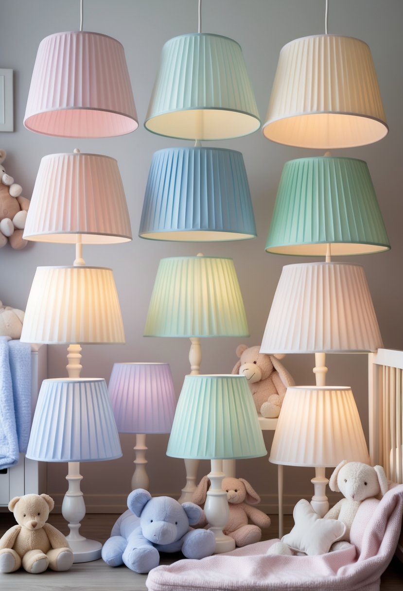A nursery room with 15 pastel-colored lampshades softly lit, surrounded by plush toys and wooden furniture creating a calm and cozy atmosphere.
