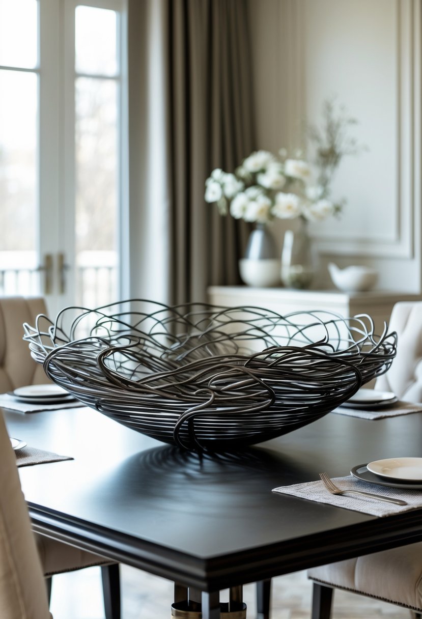 A sculptural metal wire bowl centerpiece on a dining room table in a bright and elegant dining space.