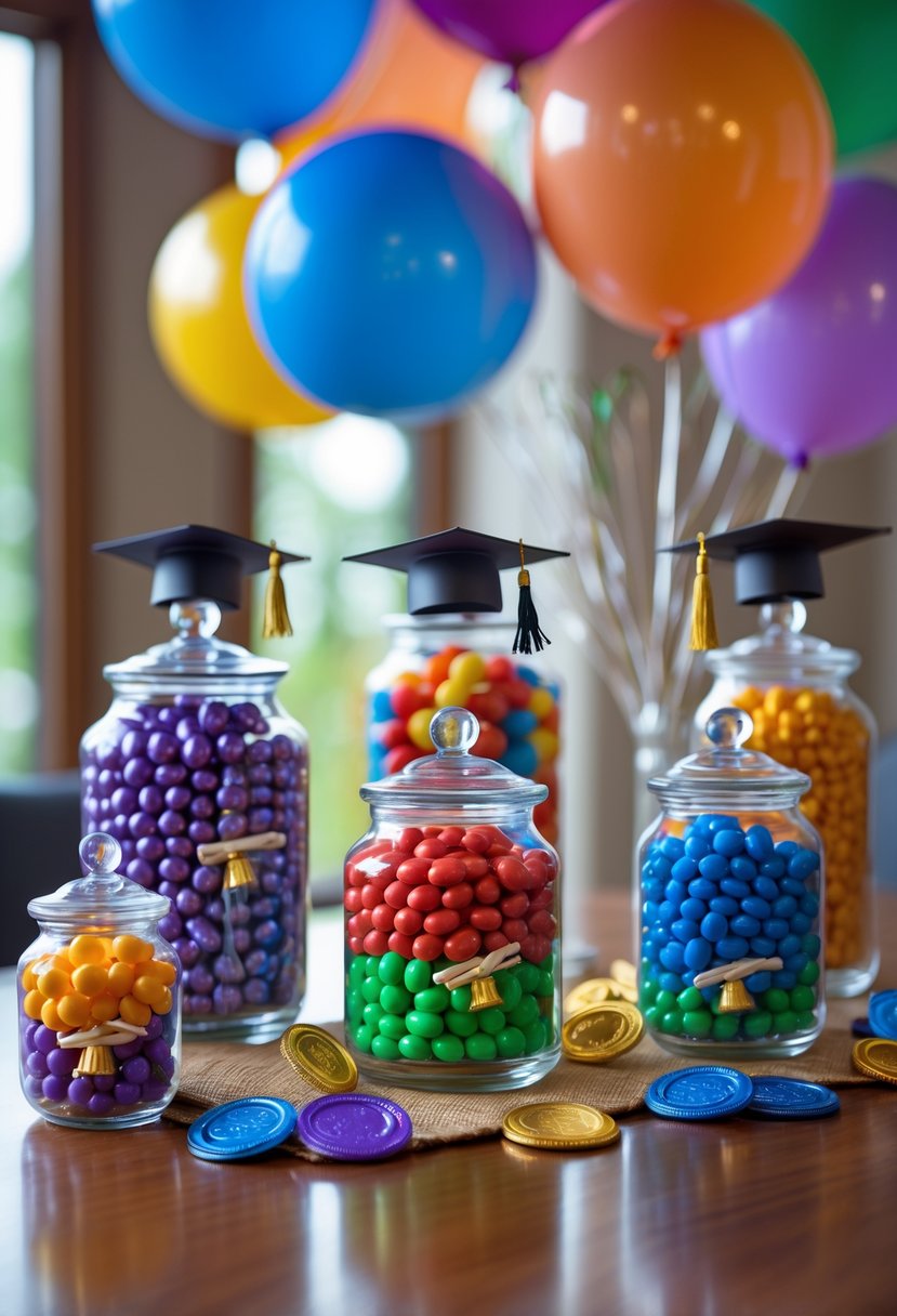 A collection of colorful candy jars arranged as graduation centerpieces on a wooden table with festive decorations in the background.