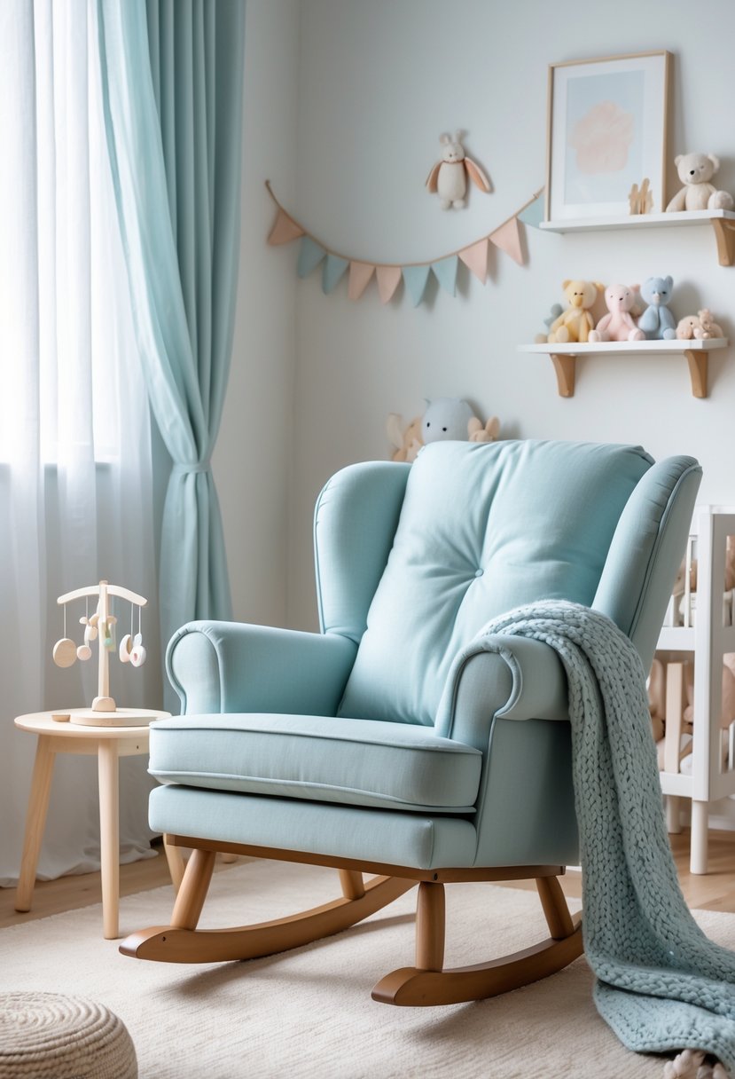 A pale blue upholstered rocking chair in a softly lit nursery room with pastel decorations and a cozy atmosphere.
