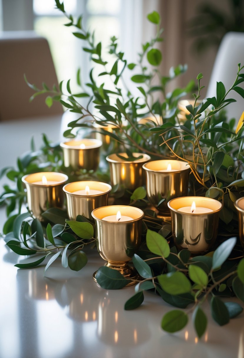 Cluster of gold votive candle holders surrounded by greenery on a dining room table.