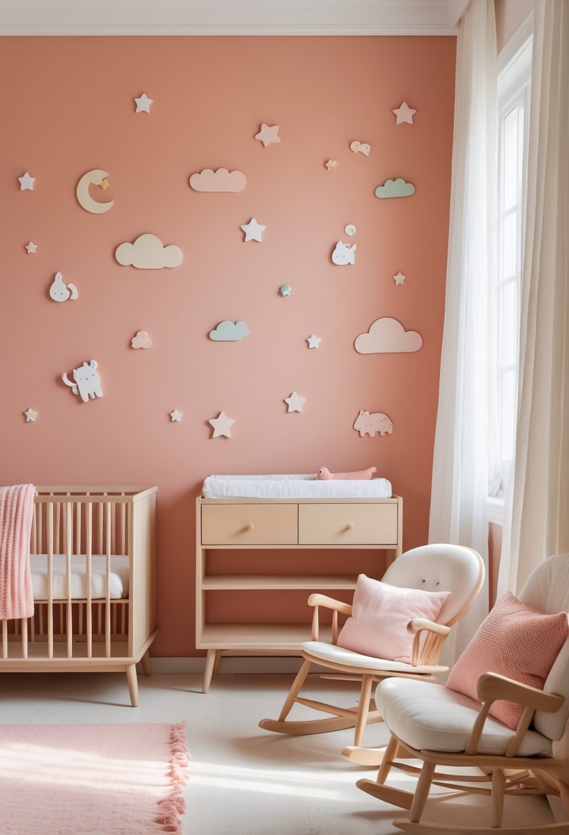 A nursery room with muted coral wall decorated with pastel wall stickers, a crib, rocking chair, and soft textiles under natural light.
