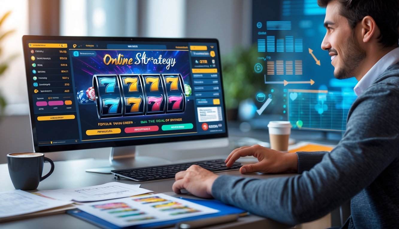 Seseorang duduk di meja dengan laptop yang menampilkan permainan slot online, dikelilingi catatan dan grafik strategi, tampak fokus dan percaya diri.