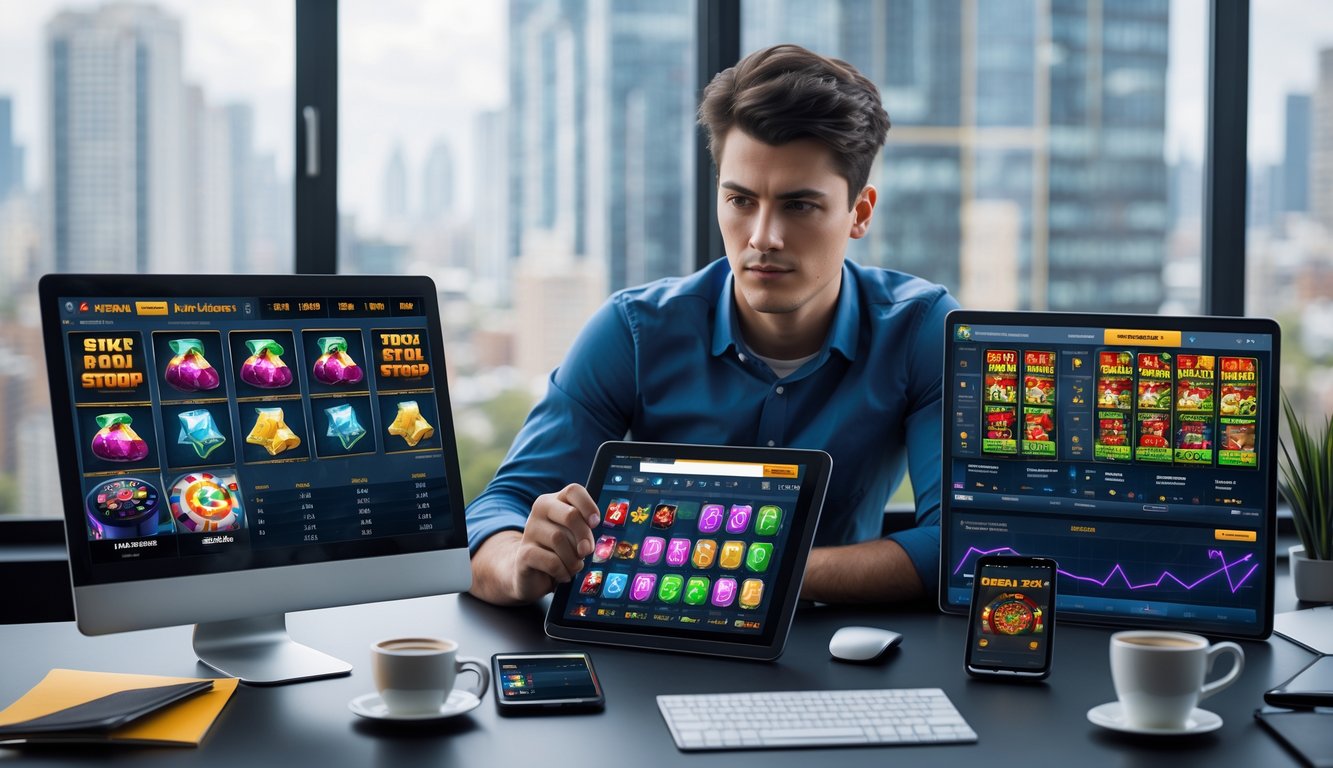 Seorang pria muda duduk di meja dengan perangkat digital menampilkan permainan slot online dan grafik, terlihat fokus menganalisis data dalam ruangan kantor modern.