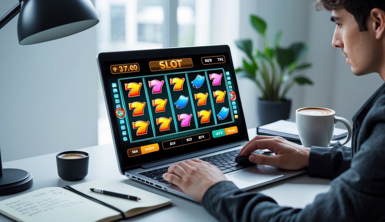 Seorang pemain muda fokus menggunakan laptop untuk bermain slot online dengan latar ruangan modern dan meja kerja yang rapi.