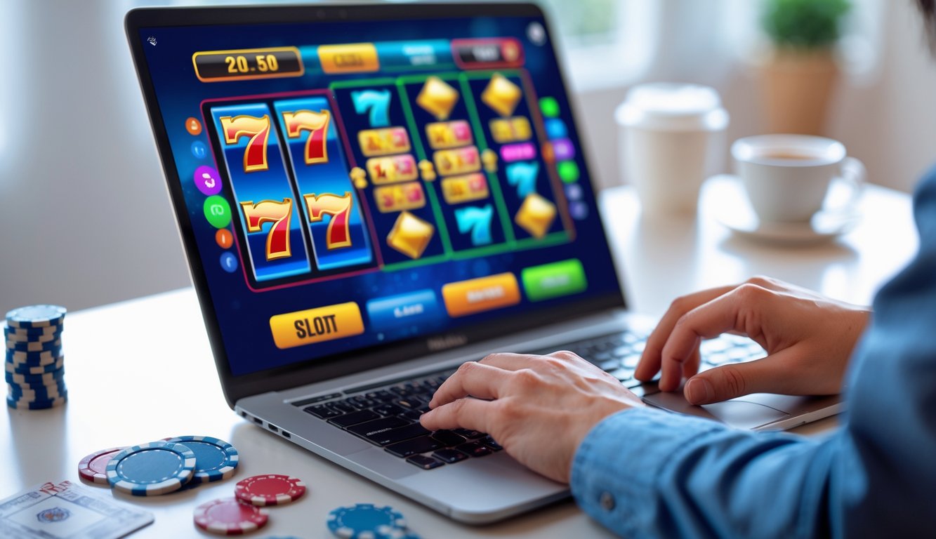 Tangan seseorang bermain permainan slot online di depan layar komputer dengan simbol mesin slot yang berwarna-warni.
