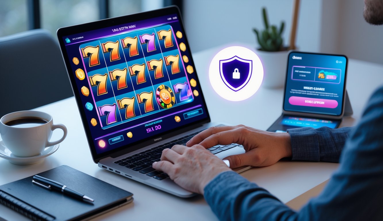 Seseorang duduk di depan laptop yang menampilkan permainan slot online dengan simbol keamanan di sekitar, di sebuah meja dengan kopi dan ponsel.