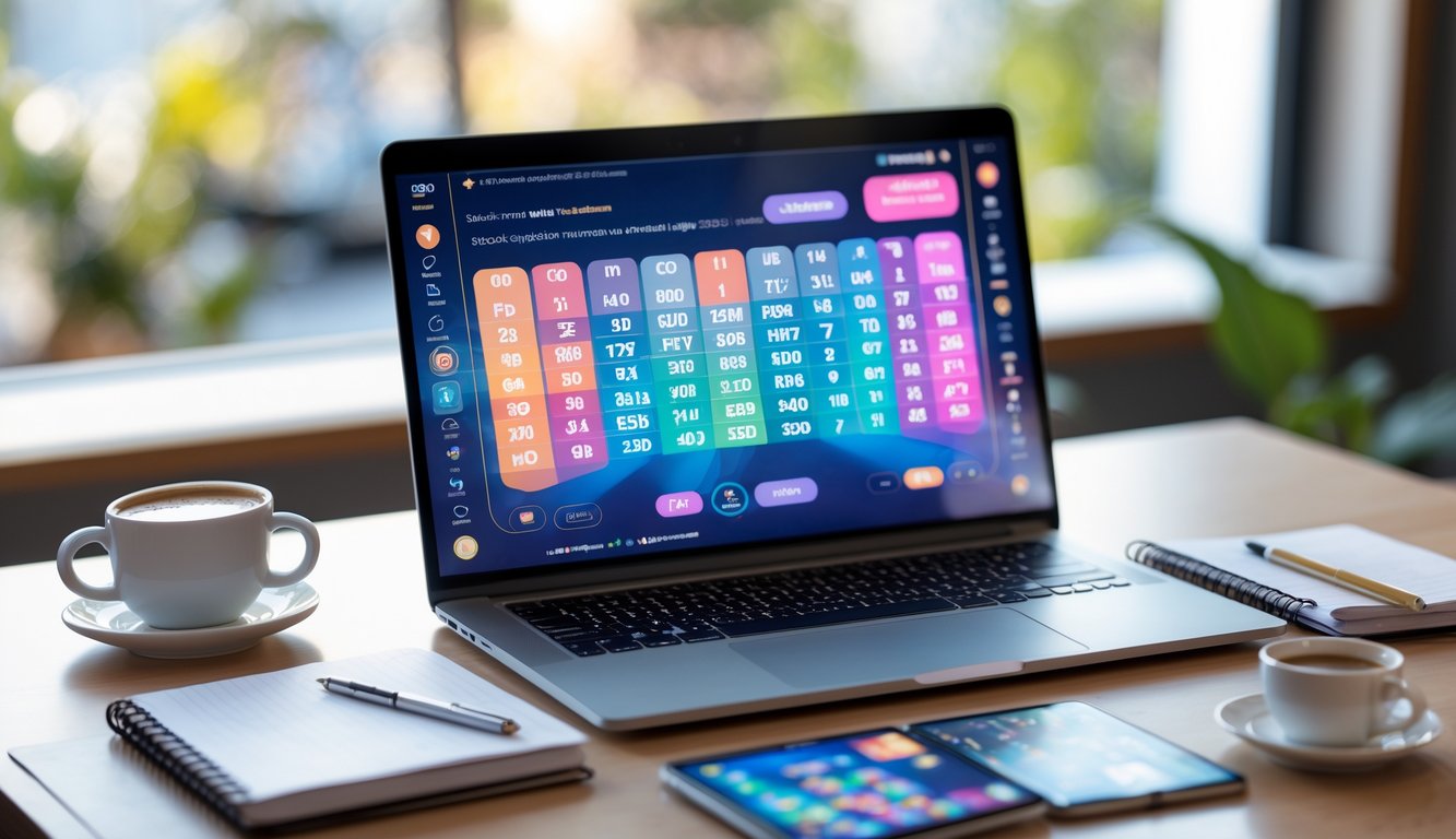 Meja kerja dengan laptop yang menampilkan angka togel dan grafik, dikelilingi oleh cangkir kopi, ponsel, dan buku catatan di ruang kerja modern.