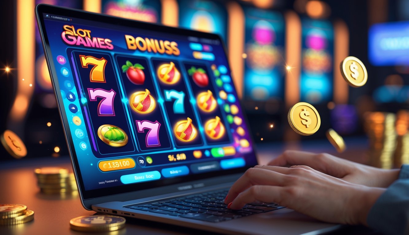 Seseorang bermain game slot online di komputer dengan layar menampilkan grafik warna-warni dan simbol permainan yang menarik.