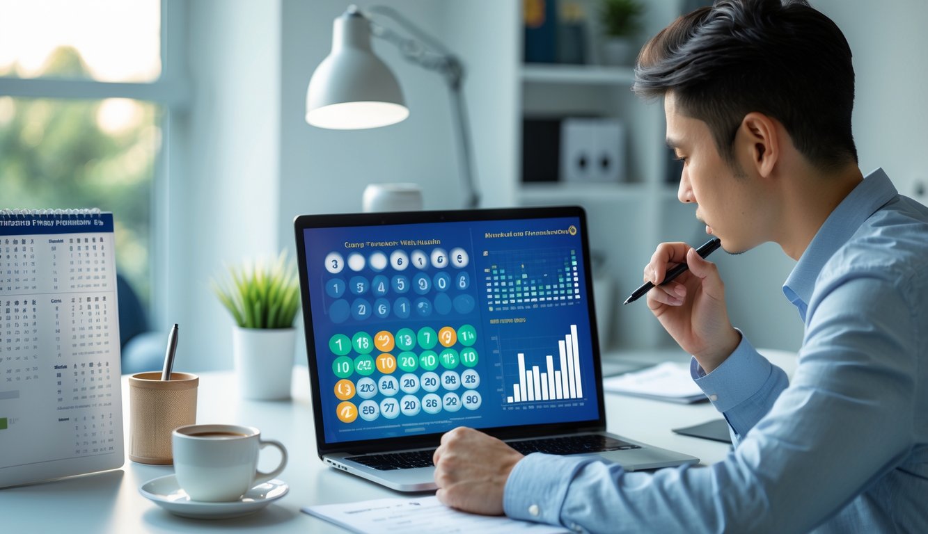 Seorang individu duduk di meja kerja sambil menganalisis angka togel di layar laptop dengan catatan dan grafik di sekitarnya.