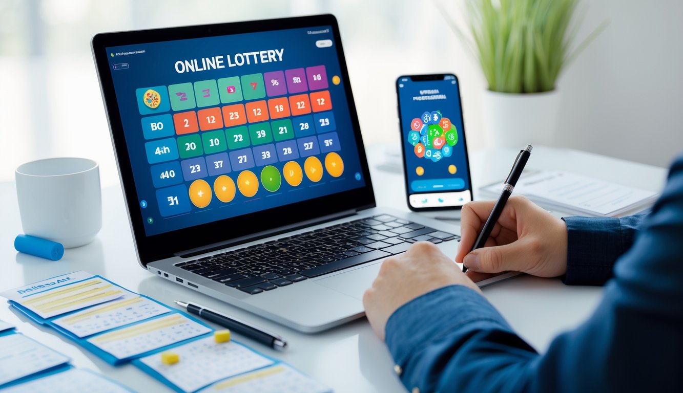 Meja kerja dengan laptop yang menampilkan layar permainan togel online, tangan seseorang sedang menulis catatan dan menggunakan ponsel di samping laptop.