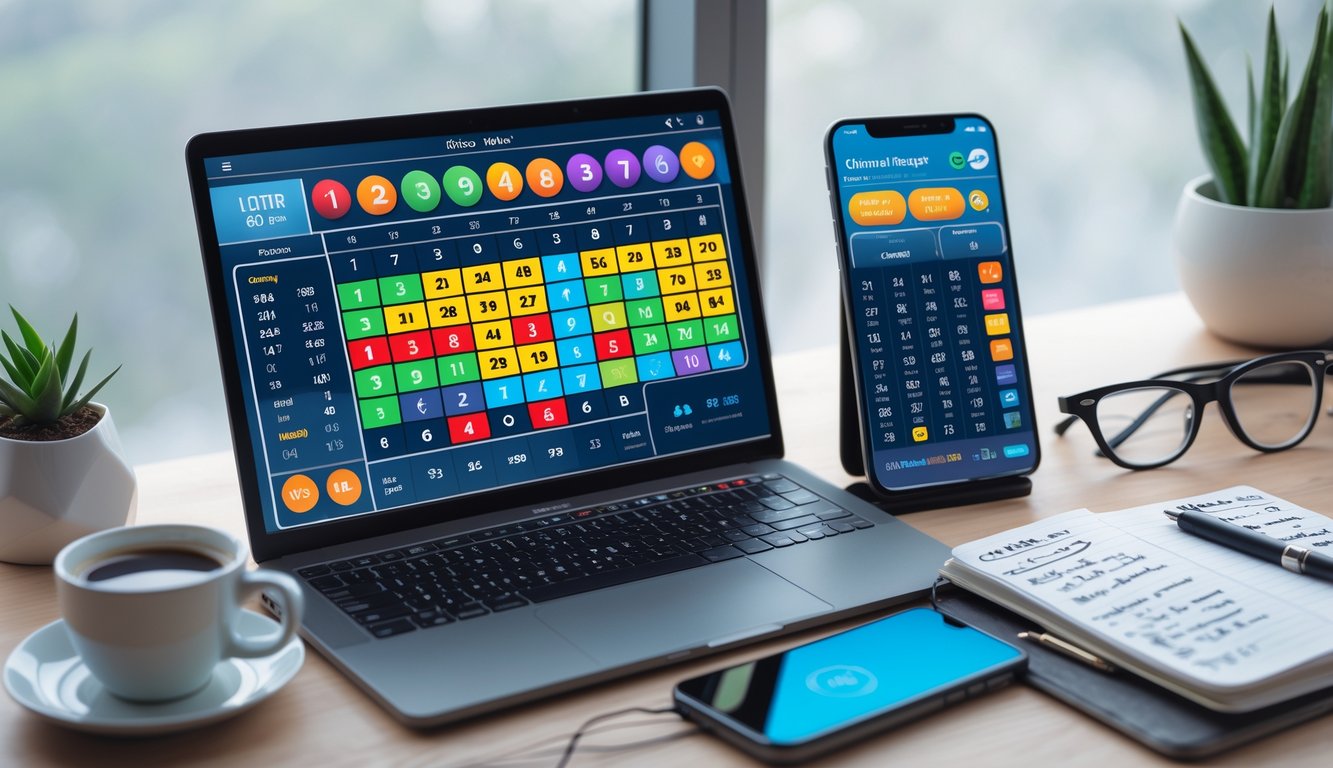 Meja kerja dengan laptop, smartphone, catatan, dan kopi yang menunjukkan aktivitas bermain togel online.