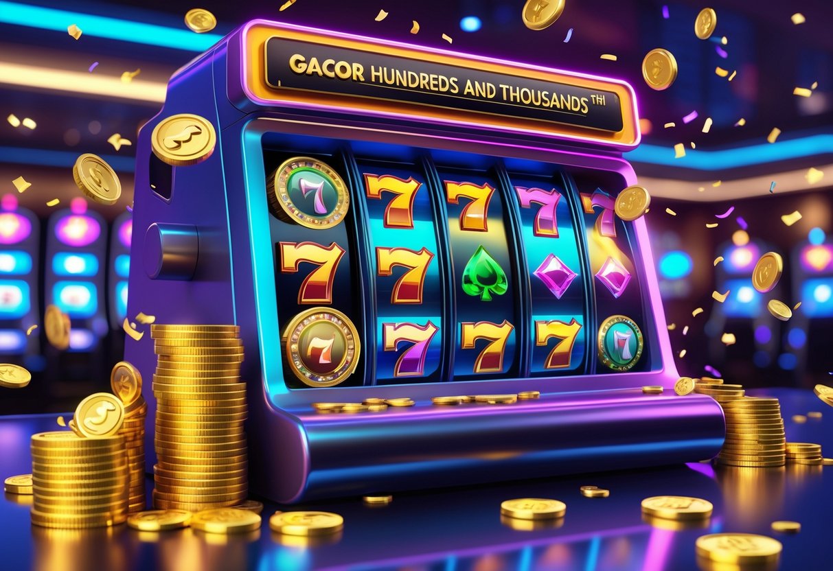 Mesin slot berwarna cerah sedang berputar dengan tumpukan koin emas dan konfeti di sekitarnya di dalam kasino yang remang-remang.