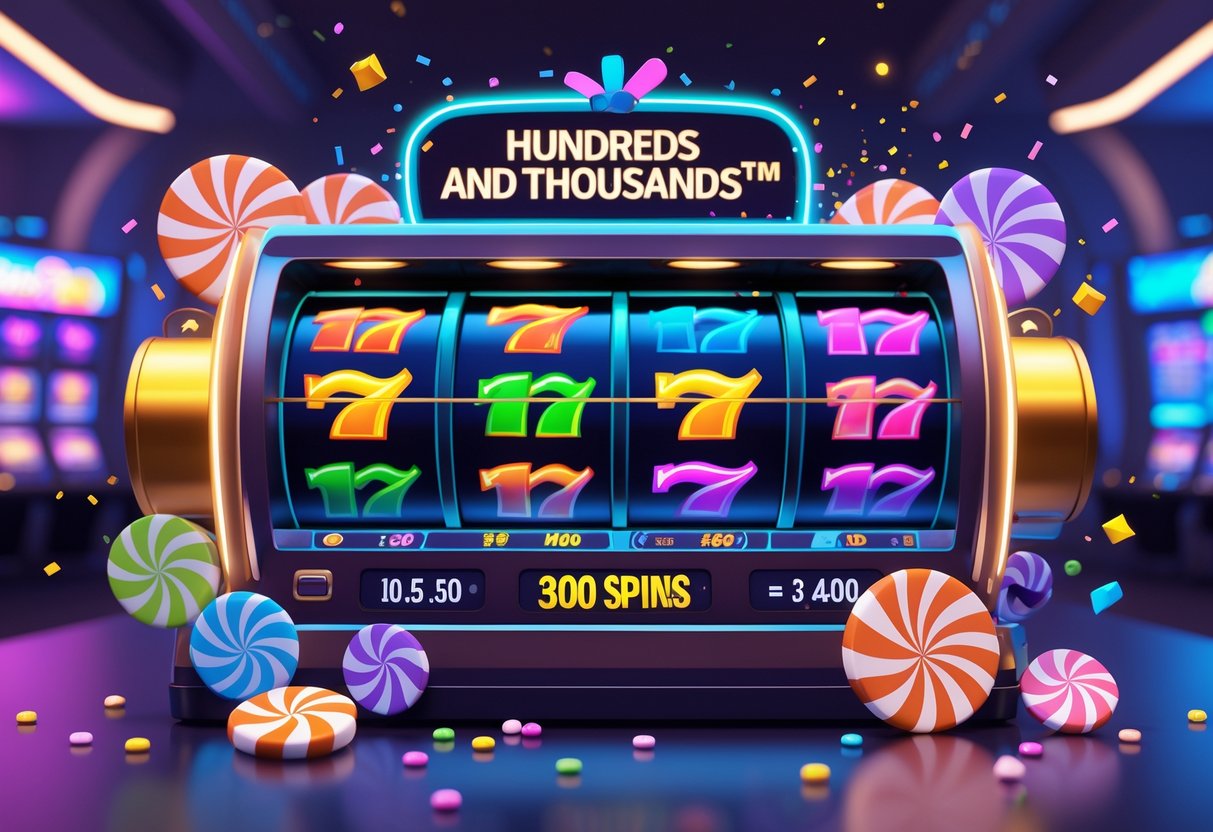 Ilustrasi mesin slot yang sedang berputar dengan simbol warna-warni dan elemen grafik yang menunjukkan ringkasan hasil uji 300 putaran.