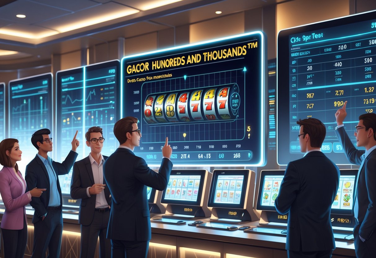Sebuah ruangan kontrol modern dengan beberapa analis yang sedang memeriksa grafik dan data probabilitas kemenangan mesin slot setelah 300 putaran uji.