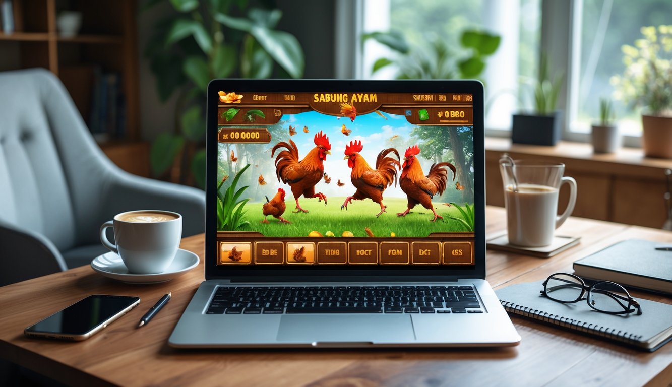 Seorang pria duduk di meja kerja dengan laptop yang menampilkan animasi ayam aduan sedang bertarung secara online.
