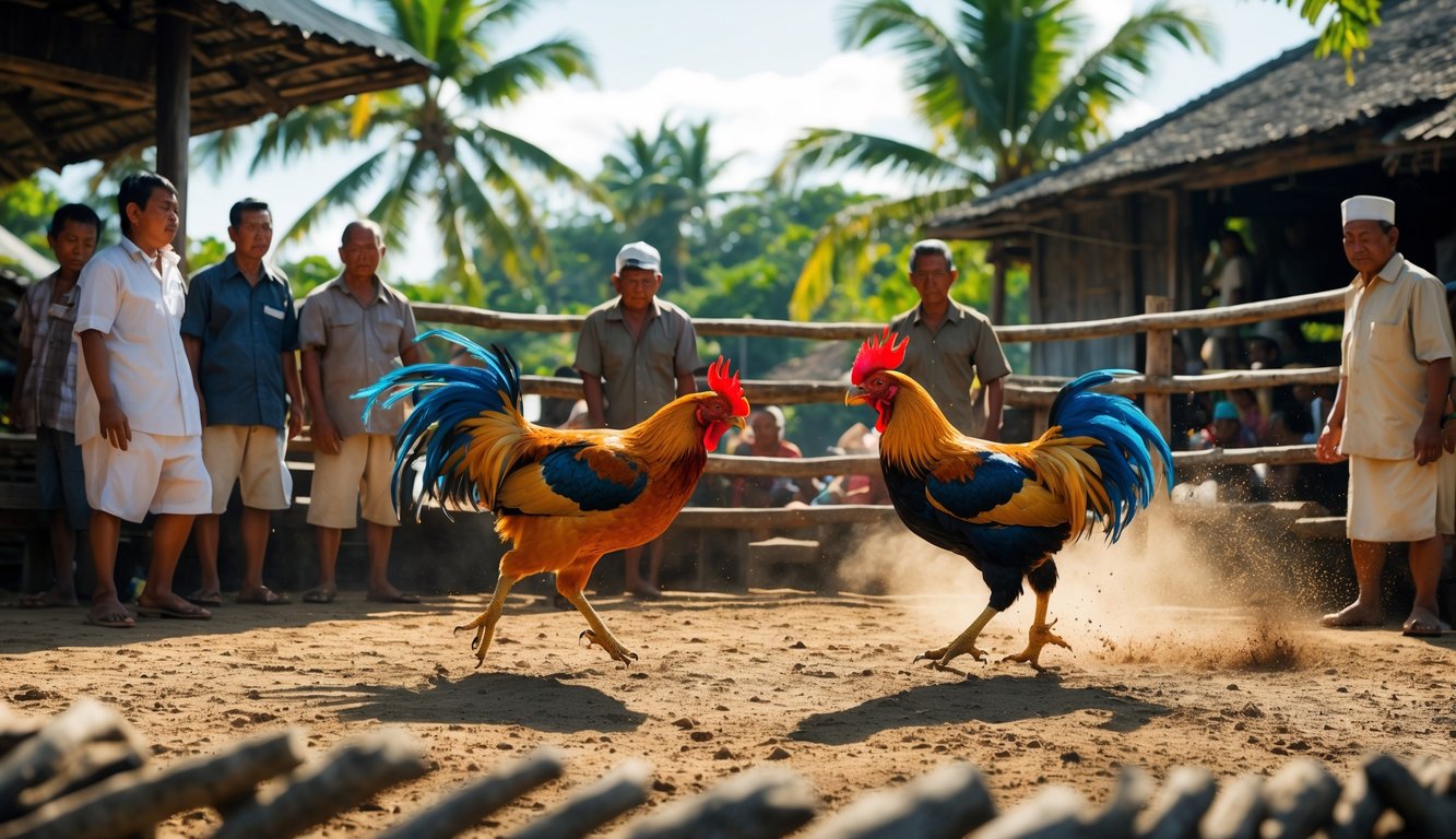 Suasana arena sabung ayam tradisional di desa dengan beberapa pria menonton dan dua ayam jago bertarung di tengah lapangan.